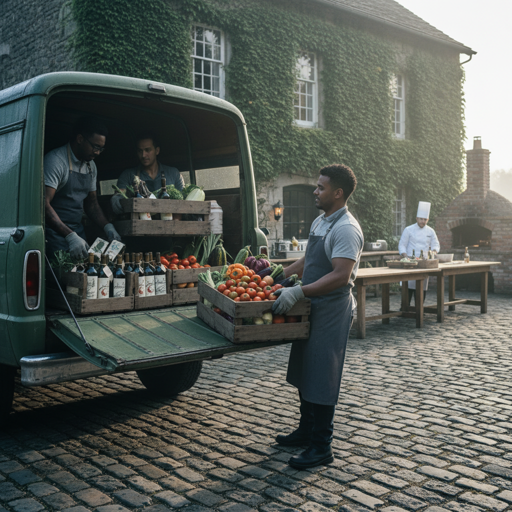 Catering team unloading wooden crates of heirloom vegetables and hand-labeled wine bottles from a truck at dawn