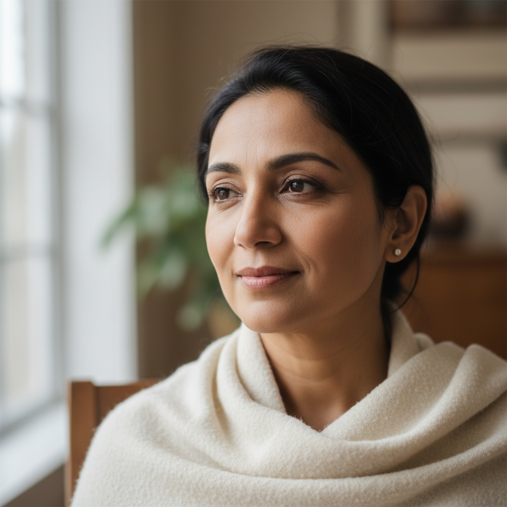Indian woman in her 40s, professional and composed, warm studio light, confident