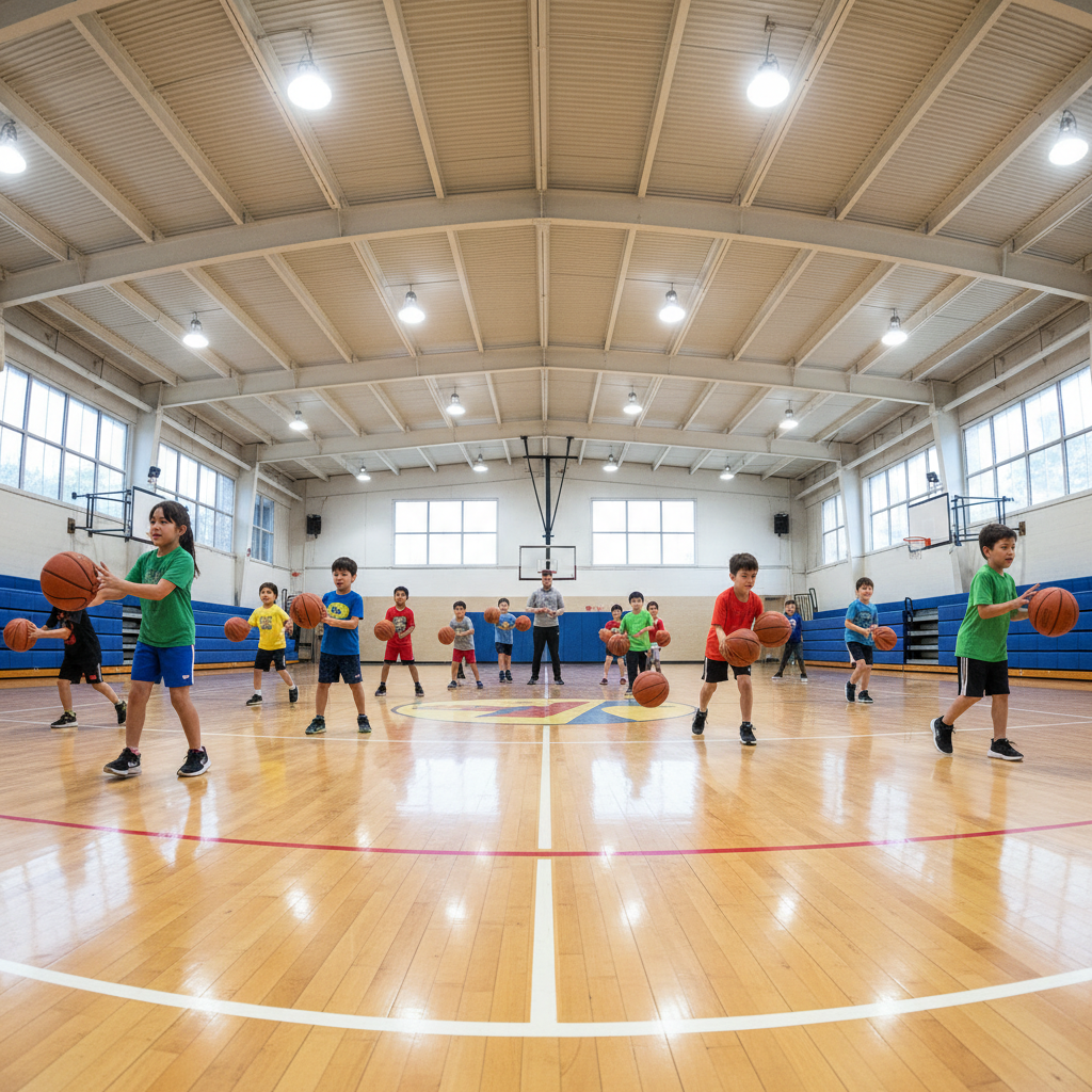 Elementary students practicing basketball dribbling drill in gymnasium
