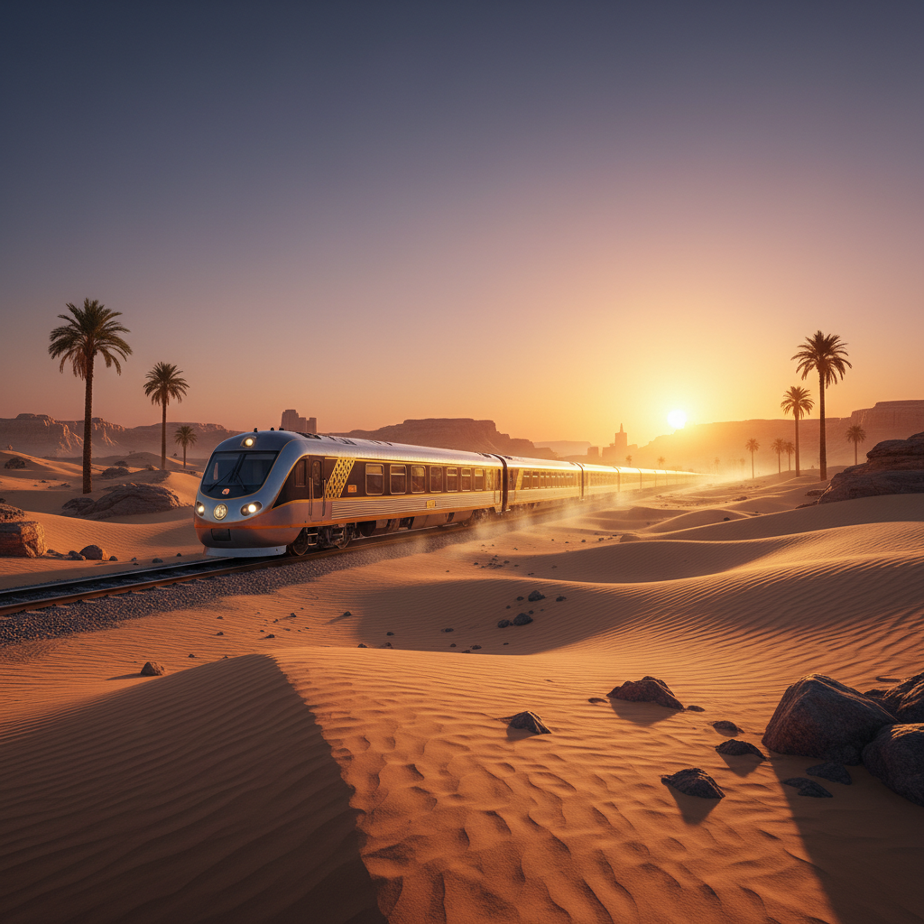 Train SNTF moderne sur voie ferrée en Algérie traversant un paysage désertique au coucher du soleil