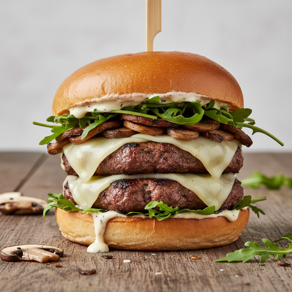 Gourmet mushroom swiss burger with arugula and truffle aioli on dark rustic board