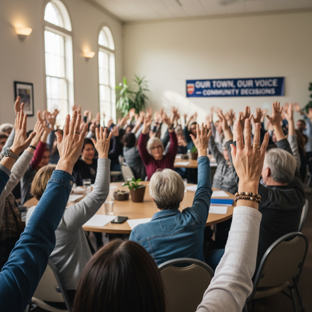 Hands raised in a vote at a community meeting representing decentralized governance