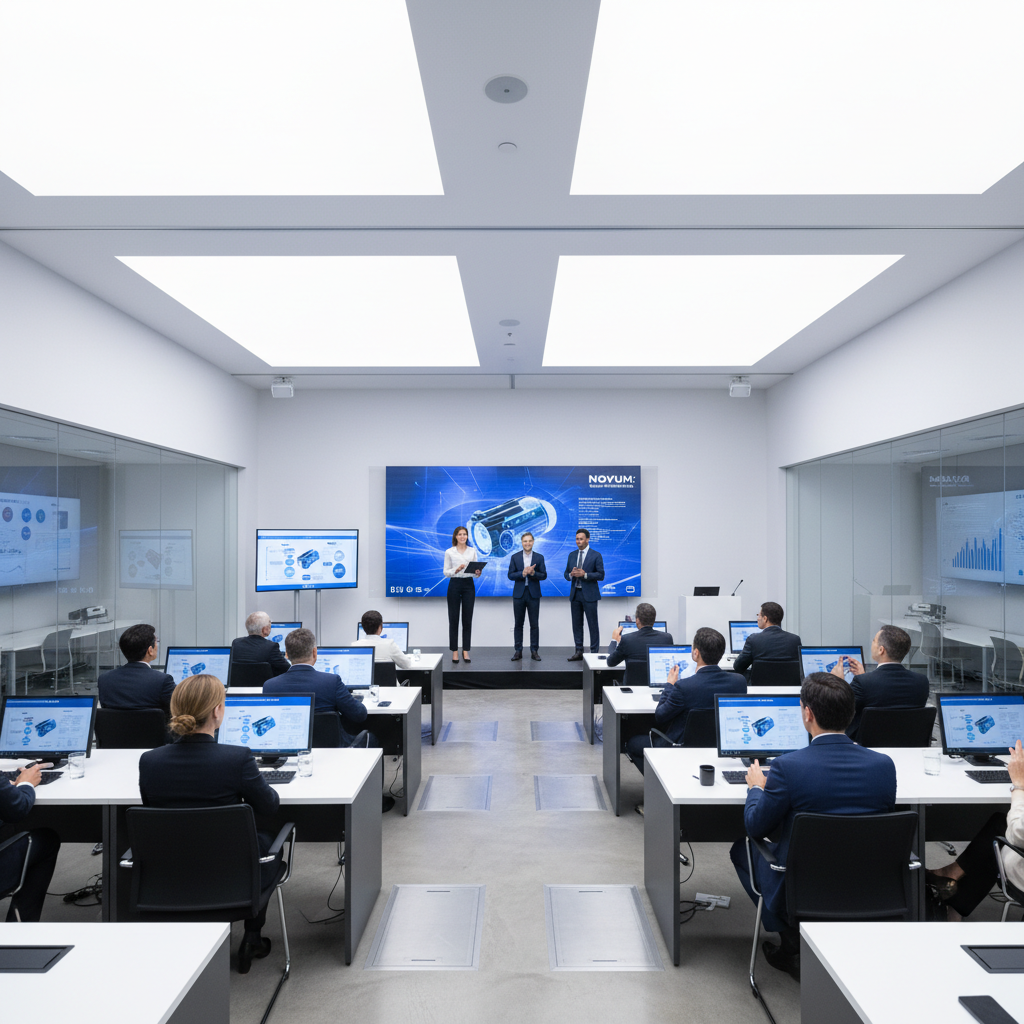 Business product launch presentation in modern conference room, professional team, dark corporate setting