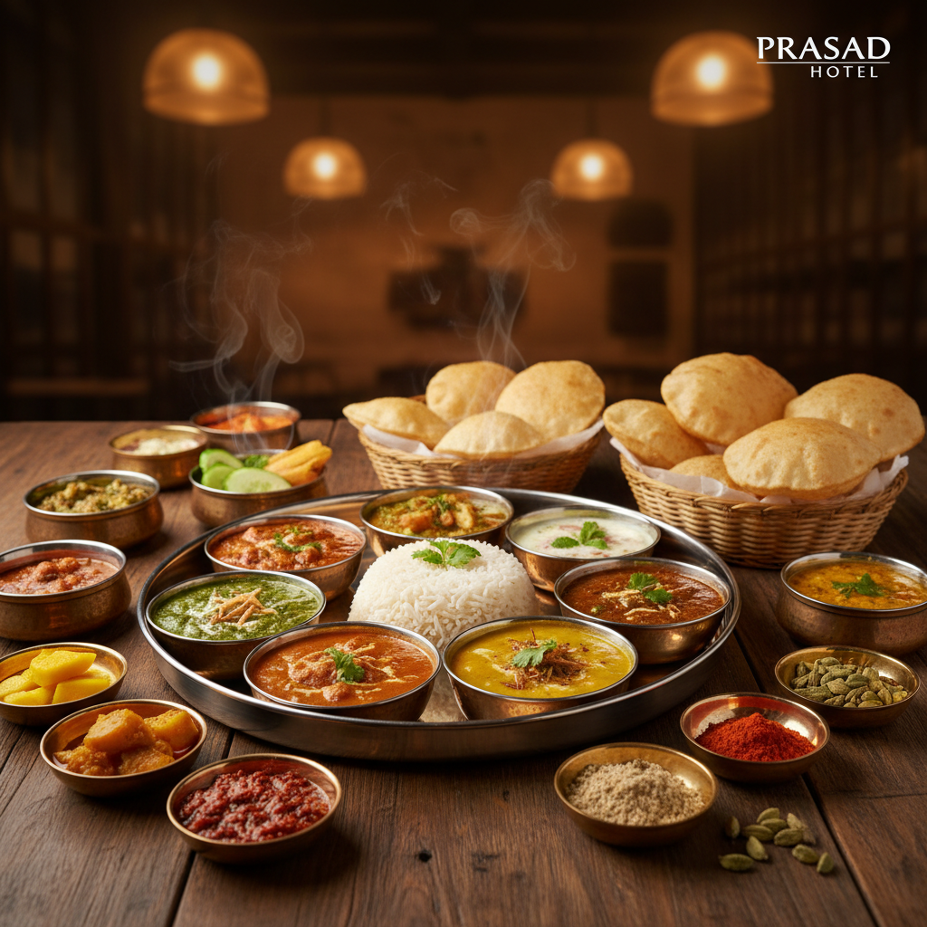 Elaborate festive Indian vegetarian spread on brass thali with multiple colourful curries, rice, puri and sweets, warm candlelight atmosphere, deep warm tones