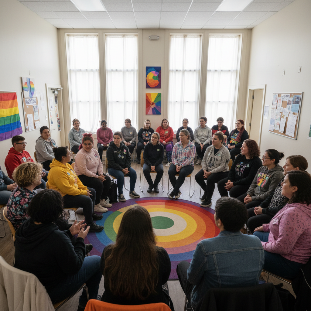 Supportive group meeting at Pride Center with diverse transgender community members