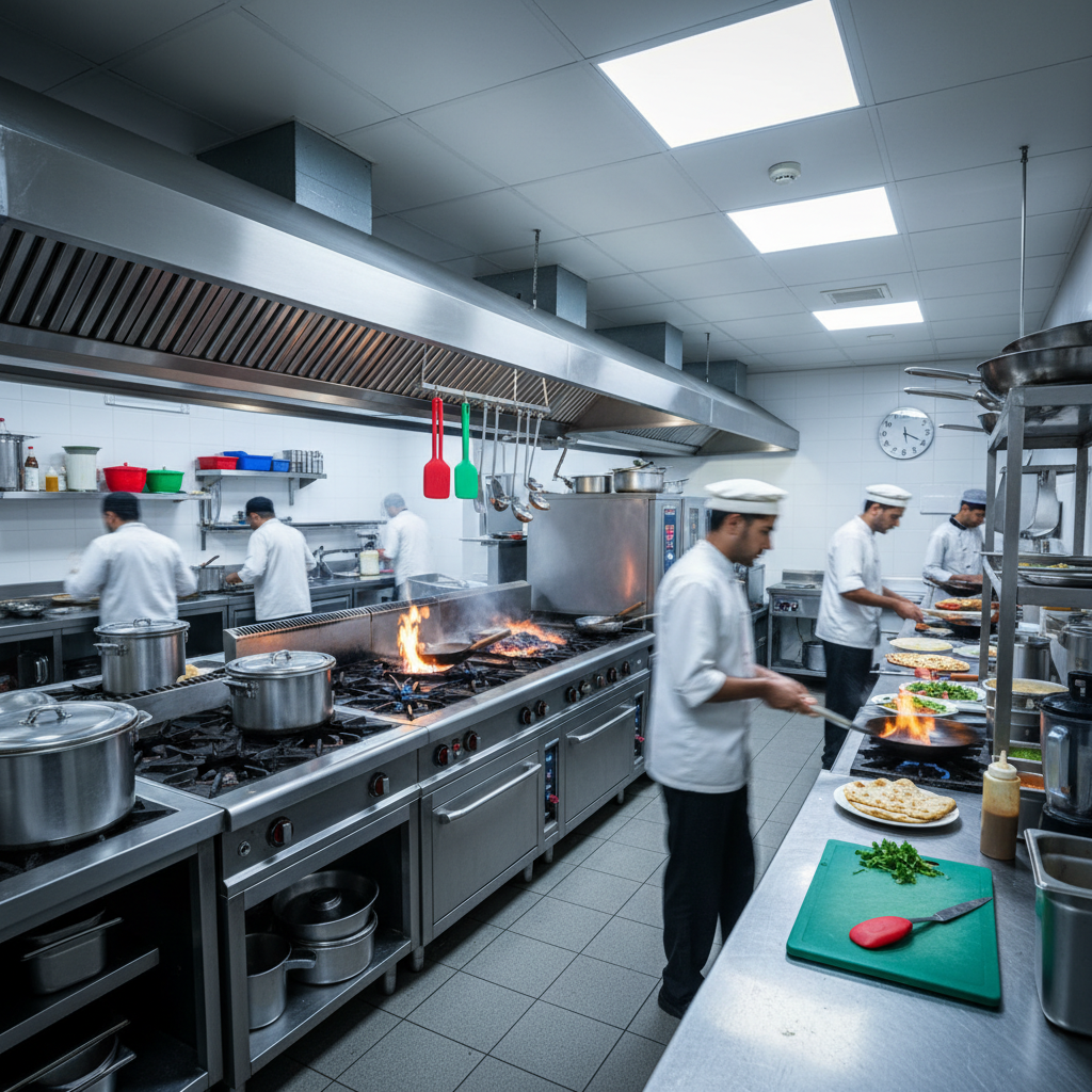 Busy restaurant kitchen in Pakistan showing chefs working with modern equipment