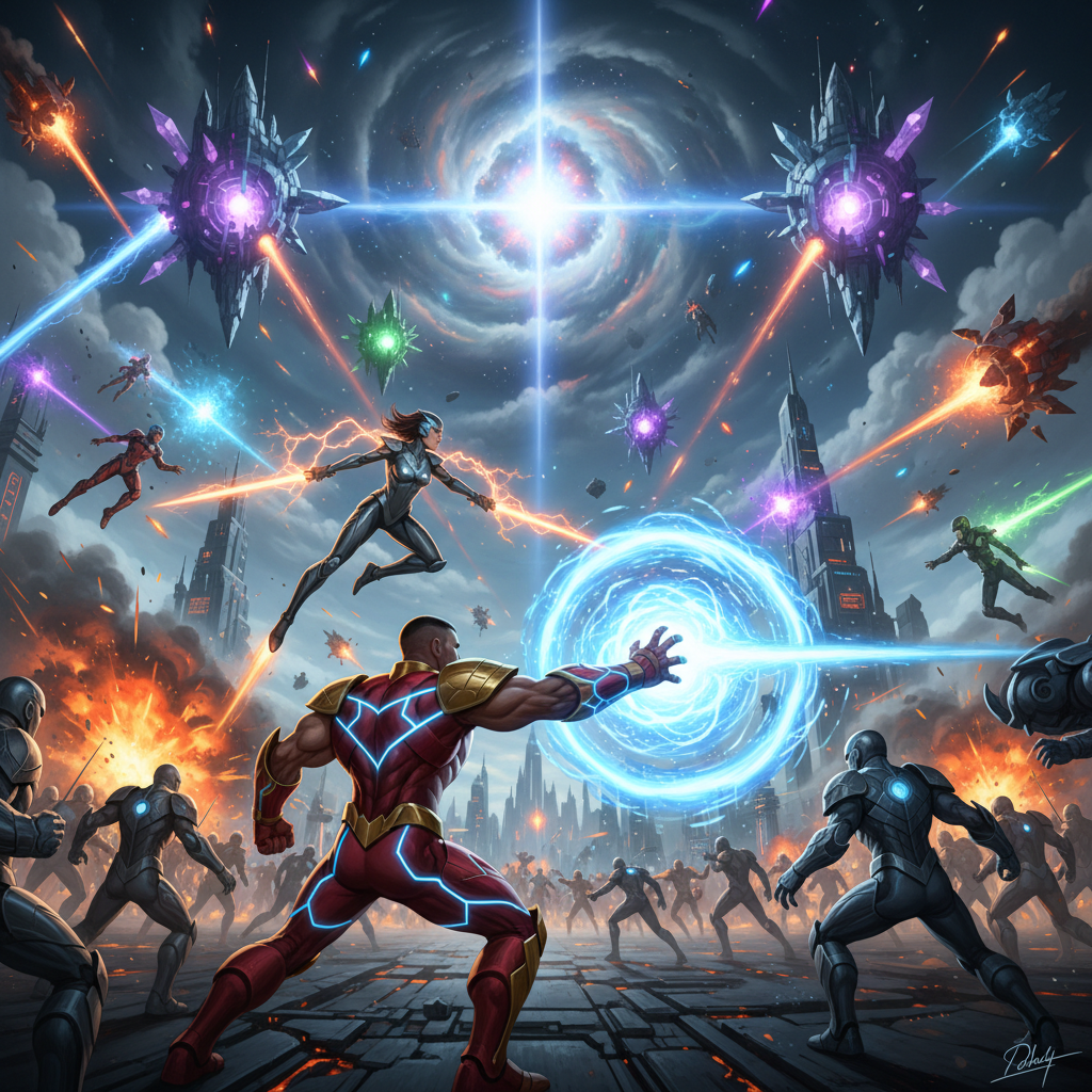 Dramatic superhero battle scene with colorful explosions and heroes in dark sky