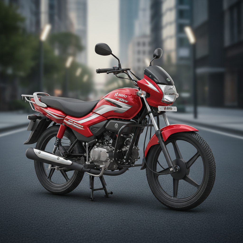 Red Hero Splendor motorcycle parked on clean road in bright daylight