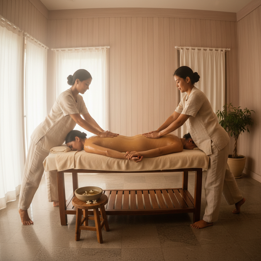Ayurvedic massage treatment with warm oil being poured on a person lying on a marble table, soft candlelight
