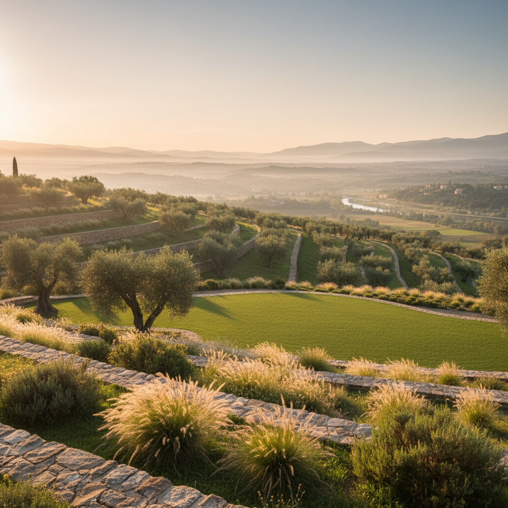 Sweeping hillside terraces with native grasses, olive groves, and a stone-edged infinity lawn overlooking the valley at golden hour