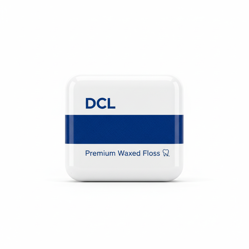DCL Premium Waxed Floss in compact white packaging with blue stripe detail on white background