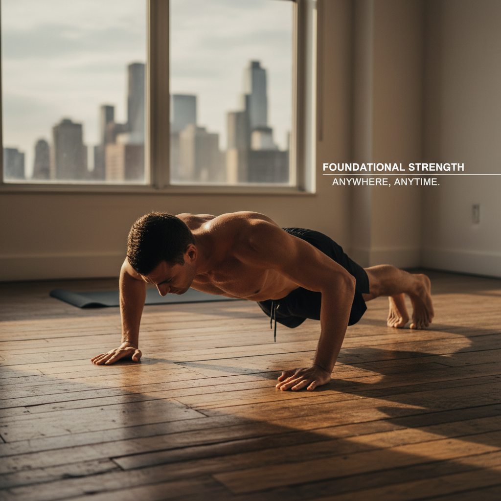 Man doing push-ups on a hardwood floor at home