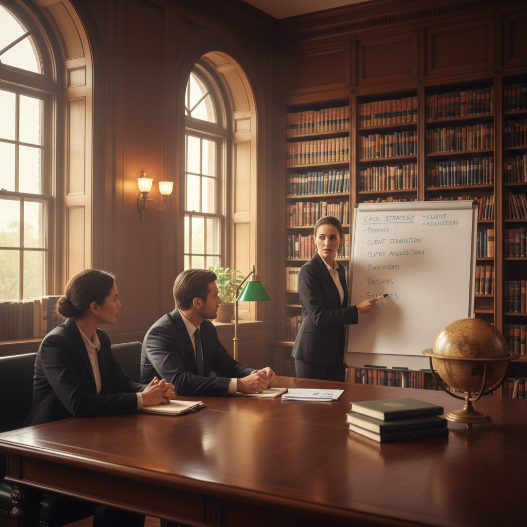 Small group of attorneys in a wood-paneled library, one standing at a whiteboard while others listen
