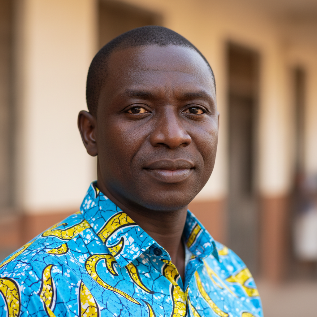 Portrait de Kossi Agbénou, entrepreneur à Lomé portant une chemise bleue