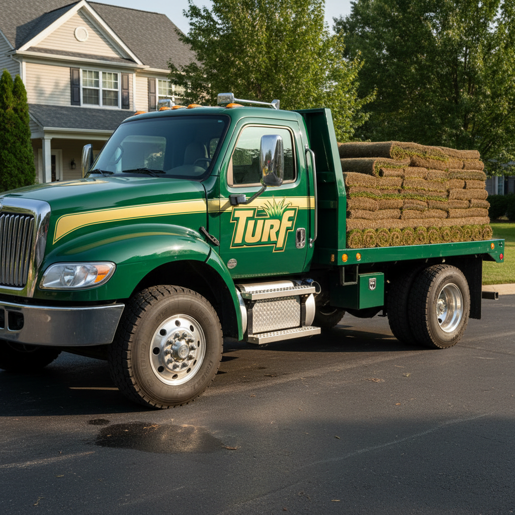 Branded green and gold truck with Turf logo parked in a residential neighborhood