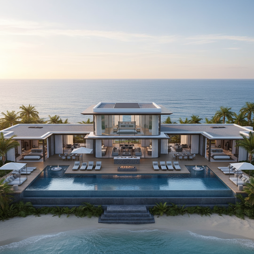 Spacious two-bedroom villa with large terrace, infinity pool, panoramic ocean views, modern tropical design