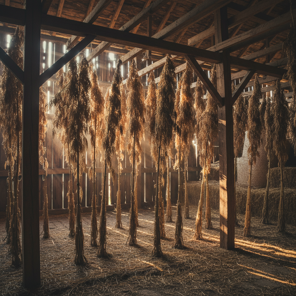 Hemp stalks drying in golden afternoon light inside a wooden barn