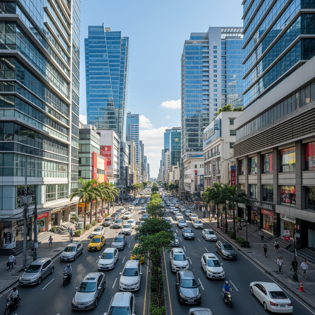 Modern Philippine condominium tower against blue sky, bright daylight, contemporary architecture, urban setting