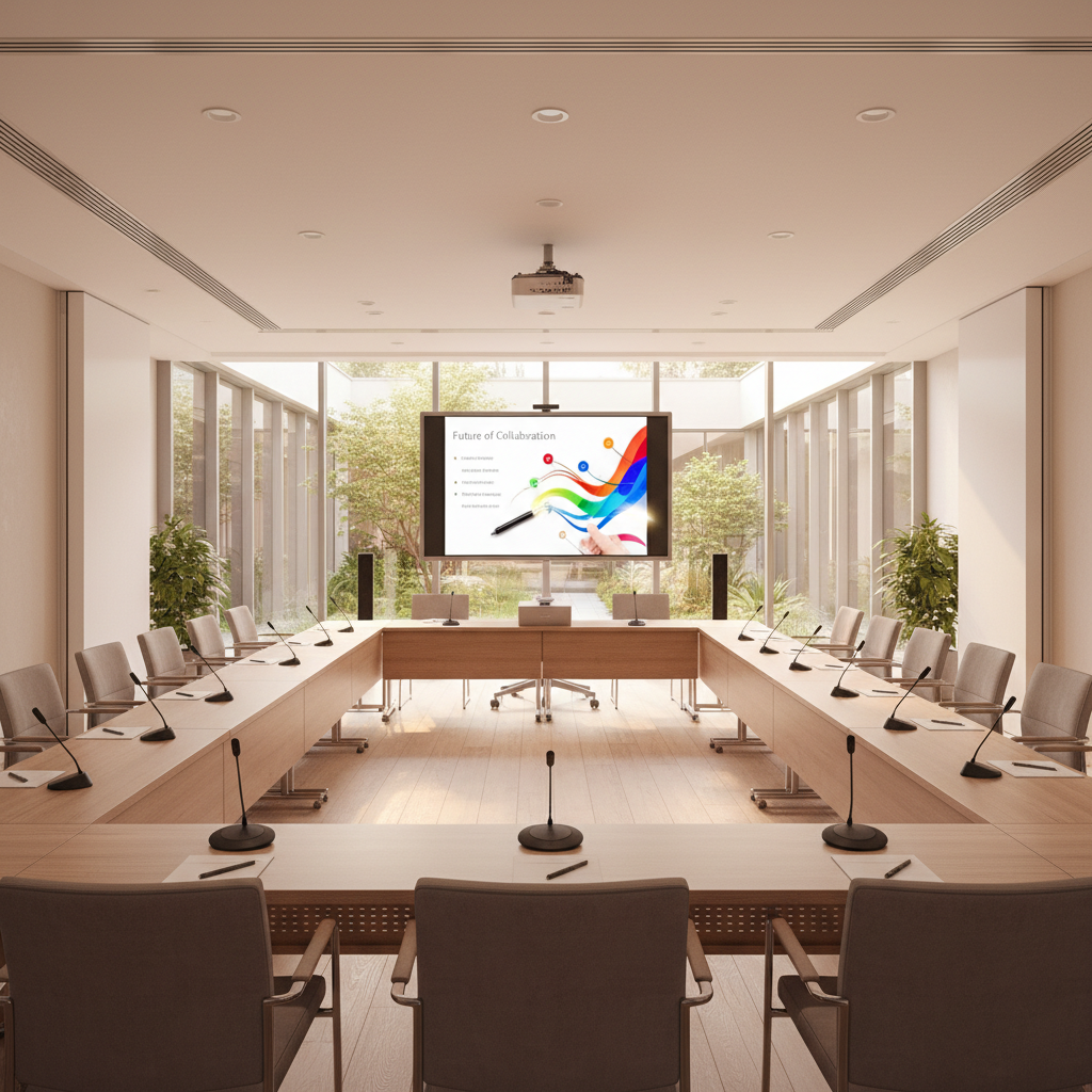 Salle de conférence corporate moderne avec projecteur et tables disposées en U, éclairage professionnel