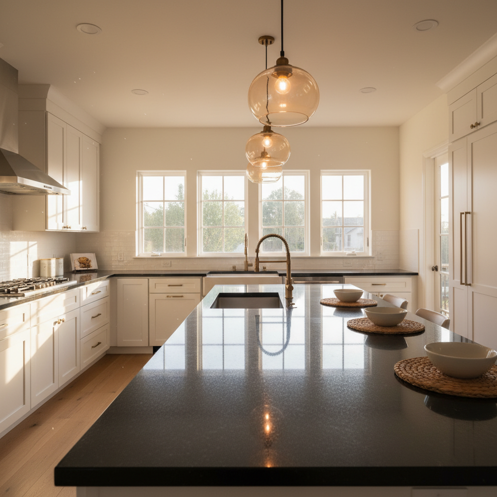 Freshly cleaned Los Angeles kitchen at golden hour, black quartzite island reflecting warm amber pendant light
