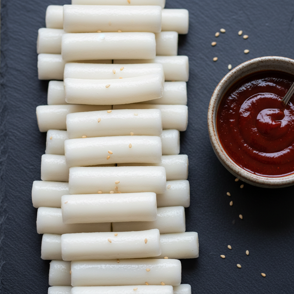 Pan-fried Korean dumplings arranged on a ceramic plate with dipping sauce