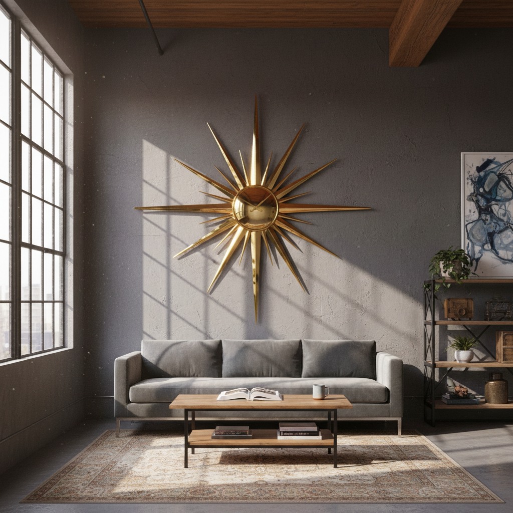 Brooklyn loft interior with Solaris Burst brass sunburst clock mounted on dark plaster wall as focal point