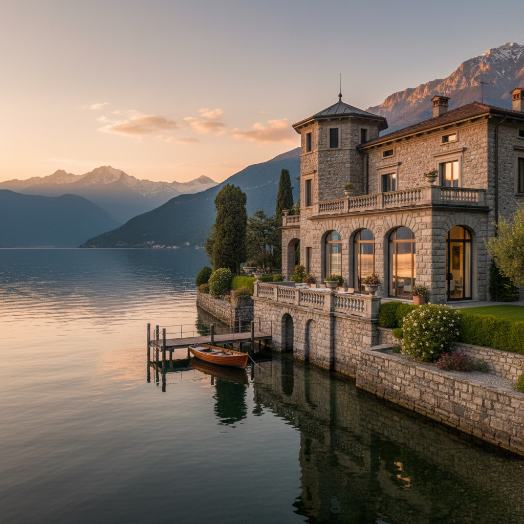 Luxury lakefront home with floor-to-ceiling glass walls reflecting mountain views at golden hour