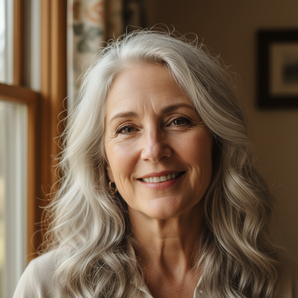 Older woman with silver hair smiling warmly