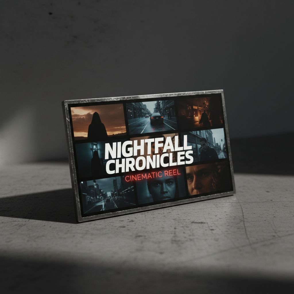 Dark cinematic commercial video editing reel thumbnail, dramatic lighting, deep shadows, professional film atmosphere