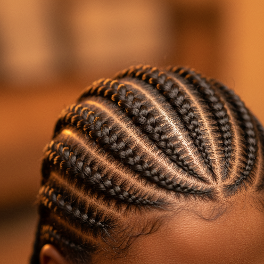 Traditional cornrow braids with intricate geometric pattern, warm amber light, professional setting