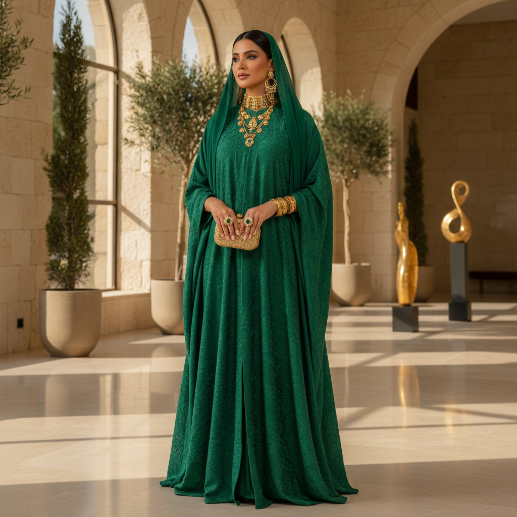 Customer styling photo featuring RIIB emerald abaya with gold accessories shared on Instagram