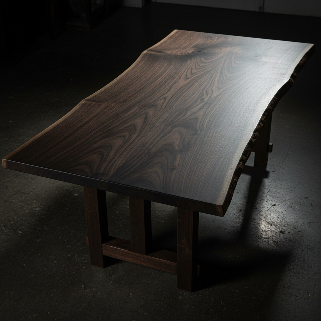 Dark walnut dining table in shadowy elegant dining room with deep shadows and dramatic side lighting