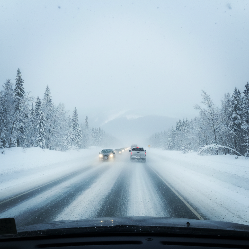Canadian highway in winter with snow-covered landscape showing the challenging driving conditions that influence vehicle choices in Canada