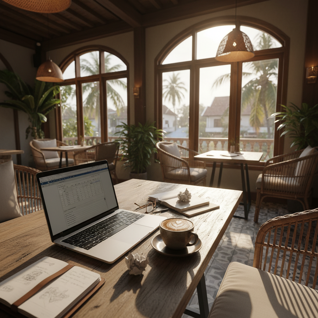 Laptop on café table with coffee cup in Southeast Asia