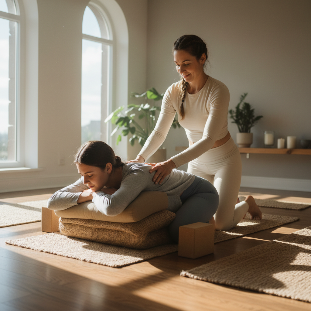 Professional yoga teacher in a calm, minimal studio setting with soft natural light
