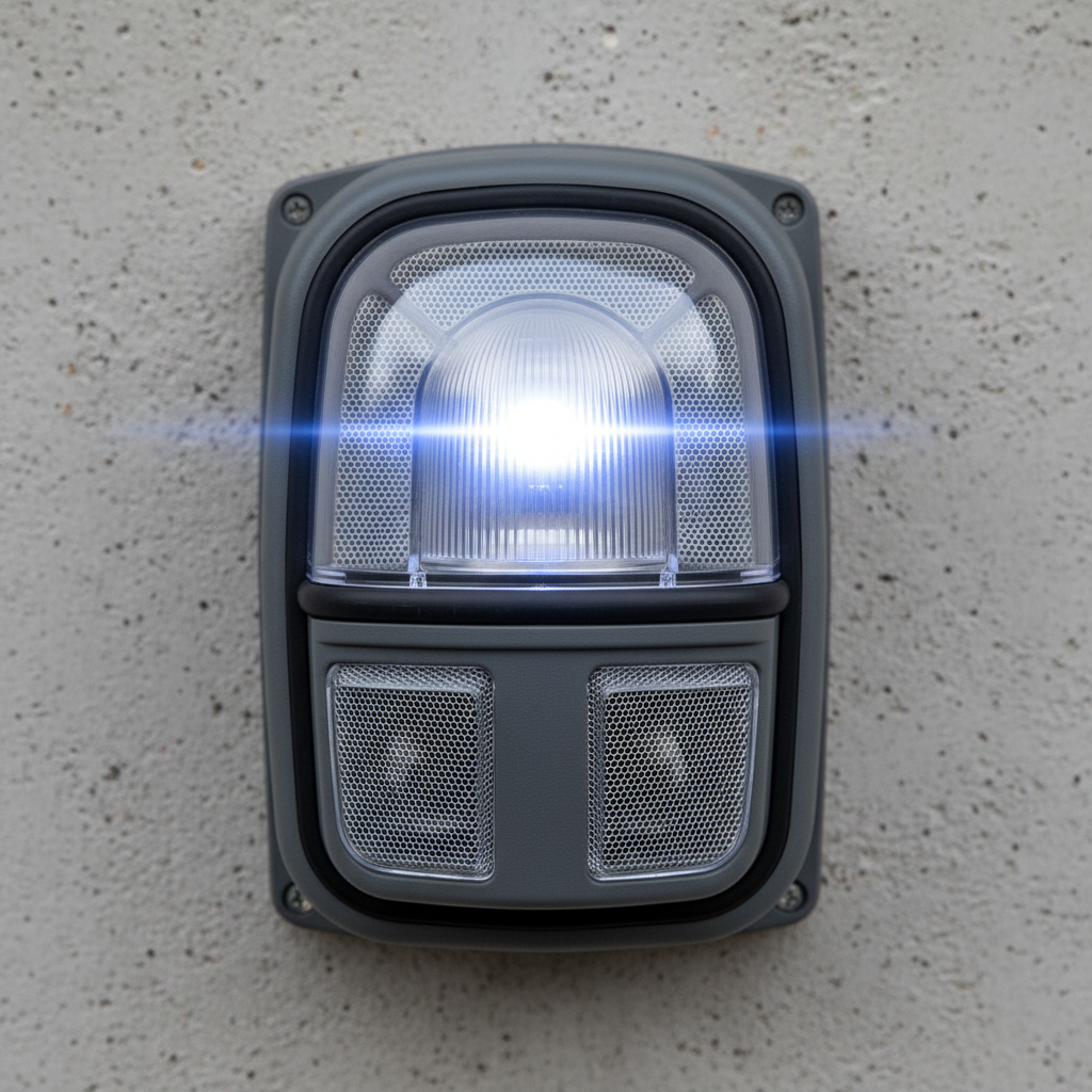 Industrial outdoor alarm siren with strobe light mounted on exterior wall, weatherproof housing in red and white colors