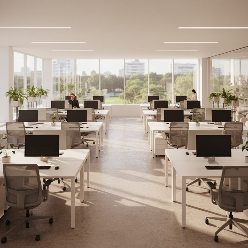 Sunlit open-plan office floor with floor-to-ceiling windows and warm afternoon light casting long shadows across white desks