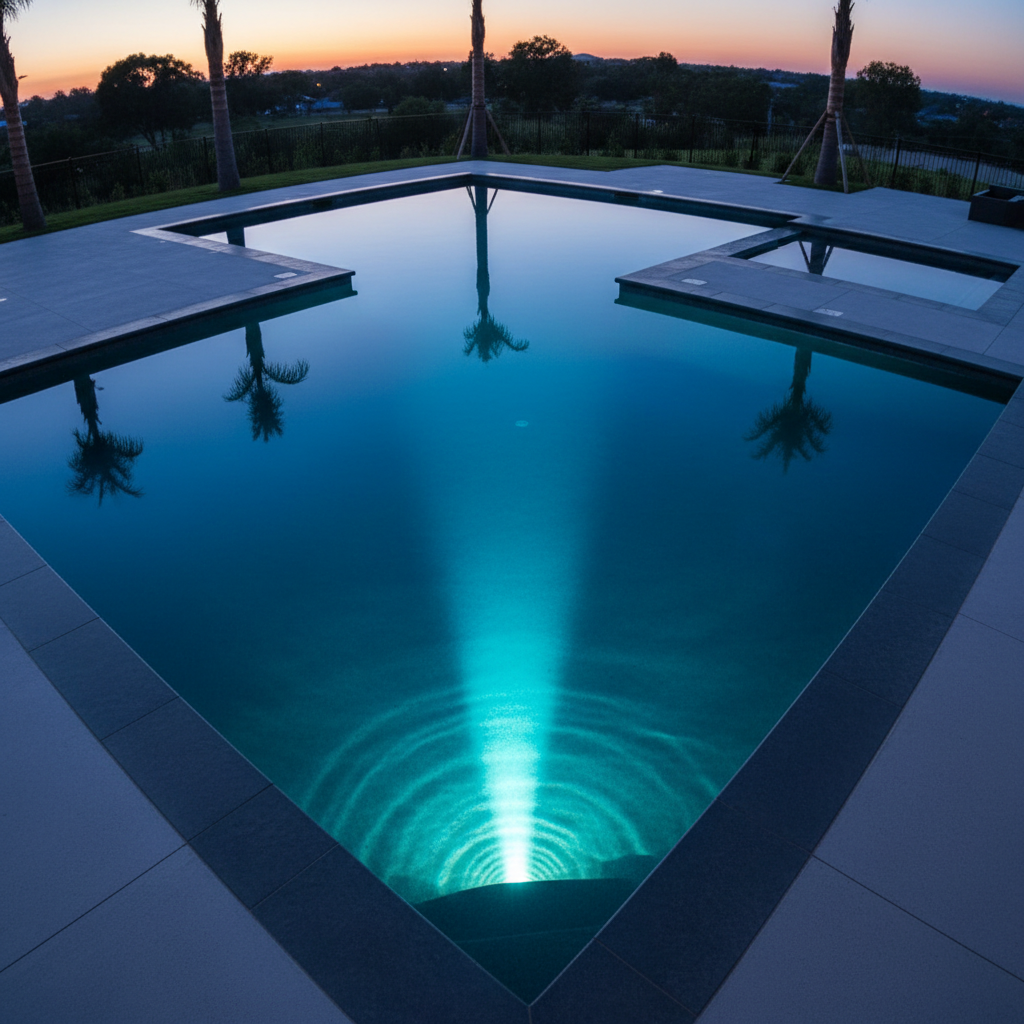 Overhead view of a geometric swimming pool at twilight with still dark water and a submerged LED casting cyan light upward through the water