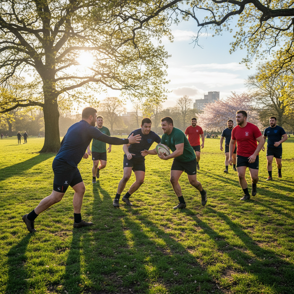 Rugby players in spring sunshine playing touch rugby in a park