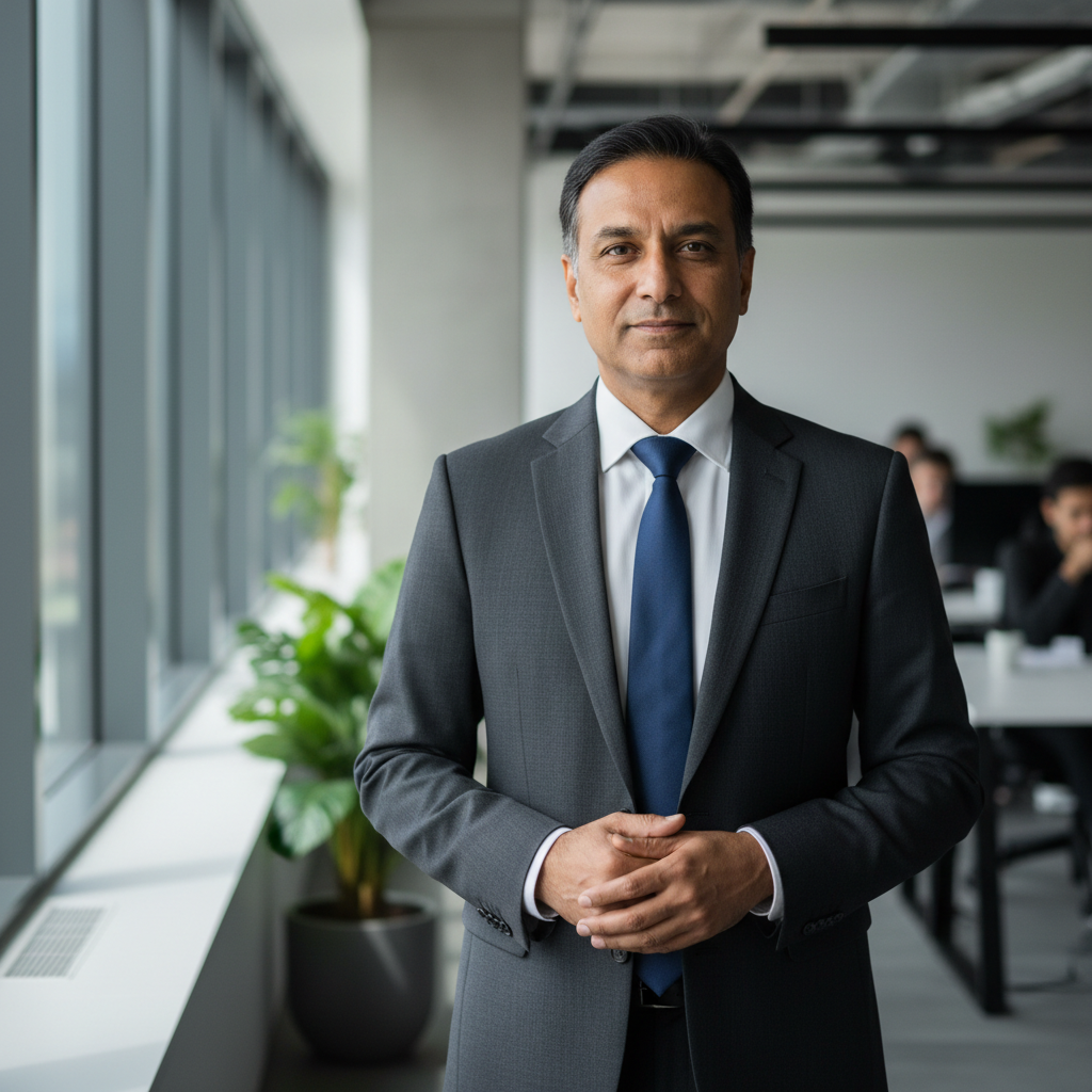 Indian man in formal business attire at corporate office desk