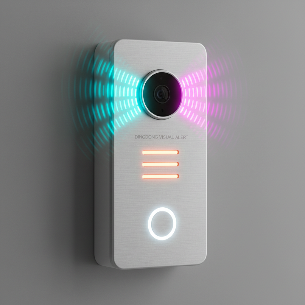 Modern smart doorbell mounted on clean white wall near front door, minimal IoT device with camera lens visible