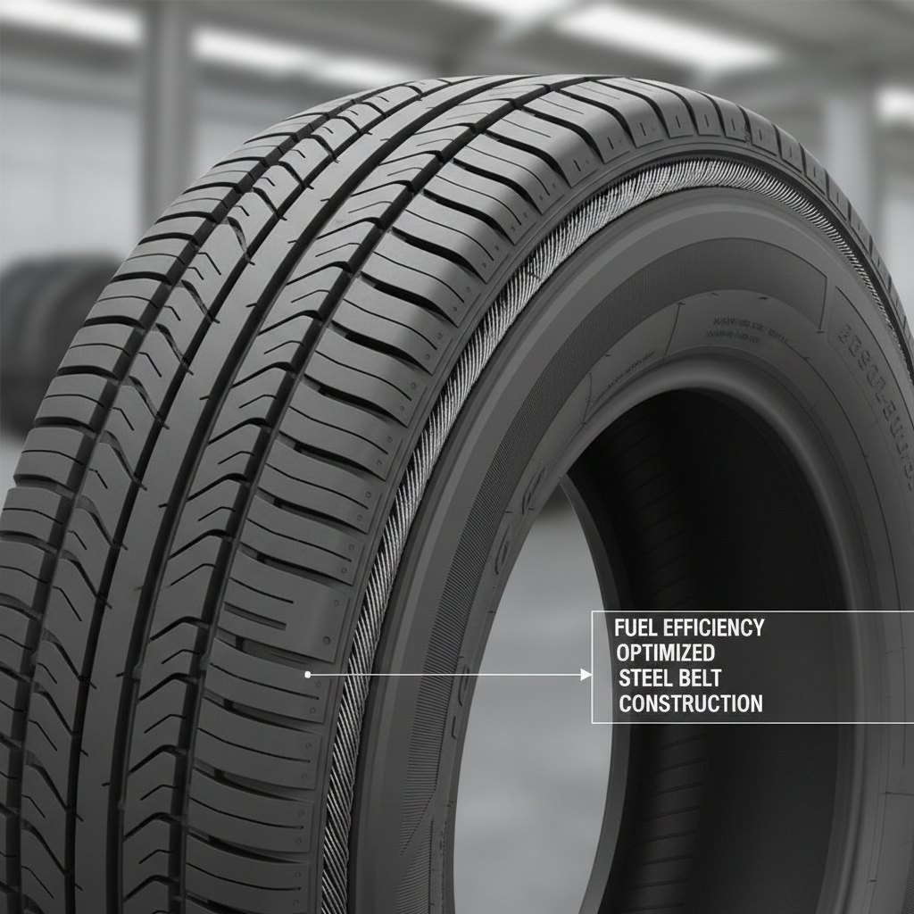 Radial tire cross-section showing steel belt construction for fuel efficiency