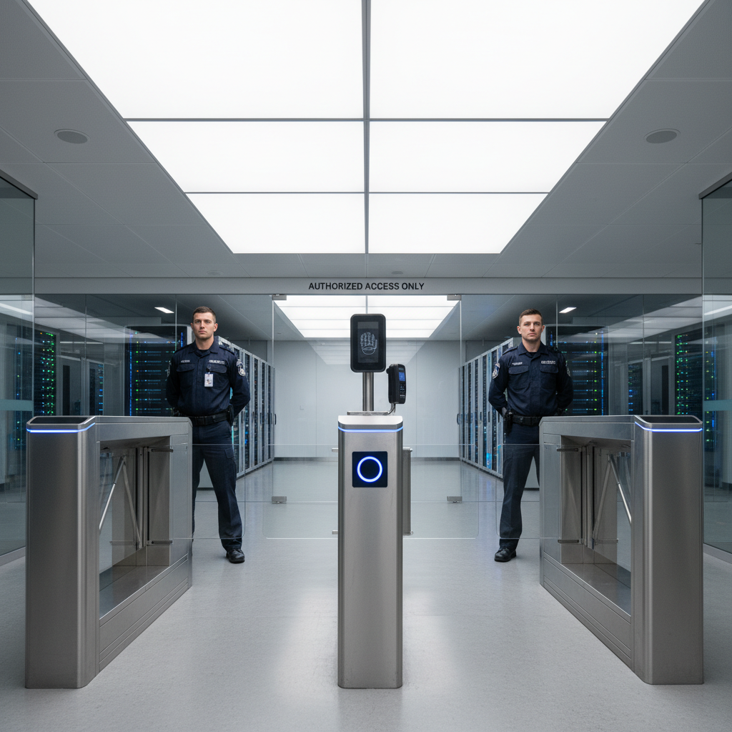 Modern office entrance with ANTARIX facial recognition access control system showing secure biometric authentication for authorized personnel