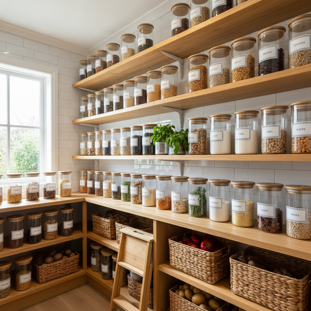 Beautifully organized pantry with labeled glass jars, neat rows of containers, clean white shelves, warm natural light