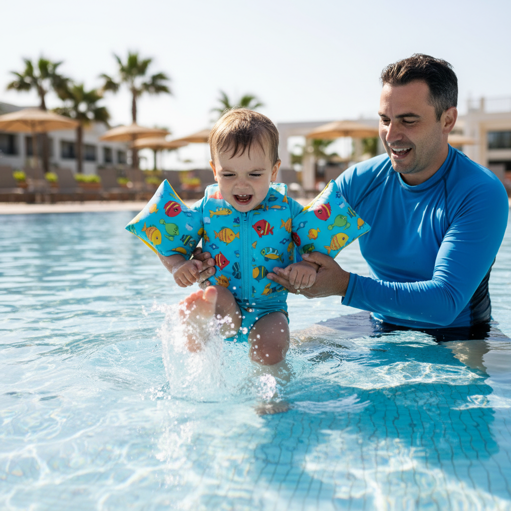 Young child in swim floaties learning to kick in shallow pool with instructor nearby
