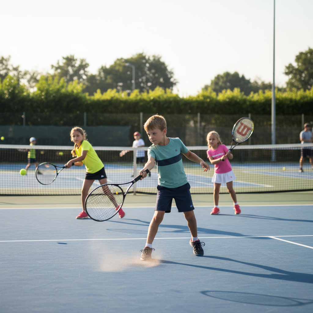 Junior tennis academy group of young players in yellow training shirts on outdoor court with coach
