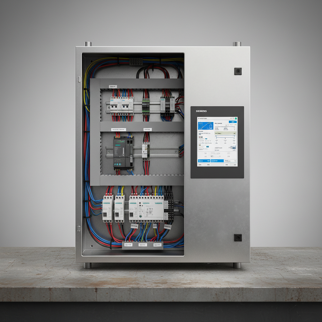 Industrial automation PLC control panel with wiring harness and DIN rail mounted components