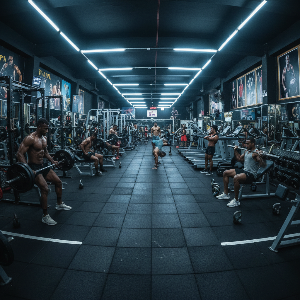 Athlete in dark gym finishing workout, dramatic lighting, black walls, steel equipment, high-contrast shadows