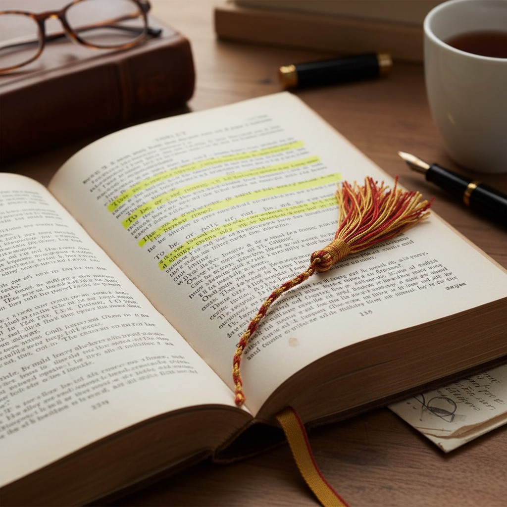 Thick Norton Anthology with highlighted pages and sticky note tabs throughout