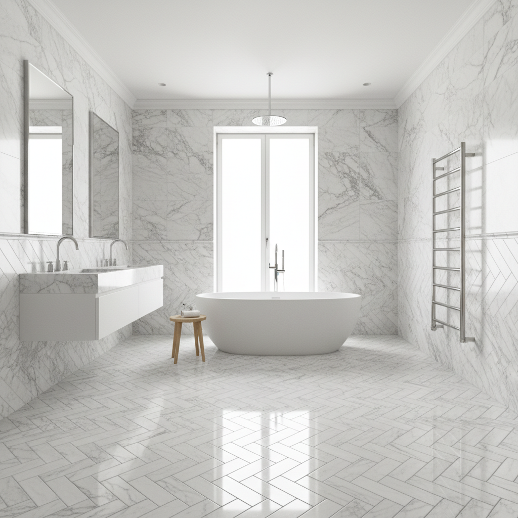 Luxurious bathroom renovation featuring herringbone tile floor, walk-in shower with glass enclosure, and bright vanity lighting